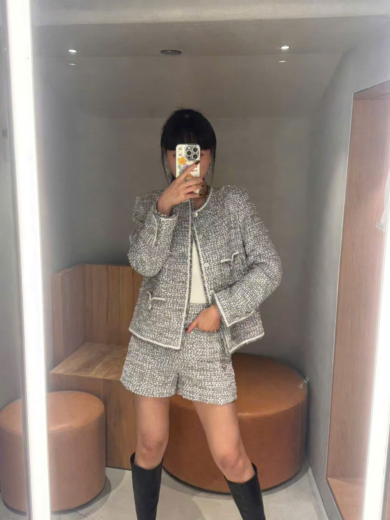  Bộ Áo tweed 4 túi V và Quần short dạ tweed xám trắng set 