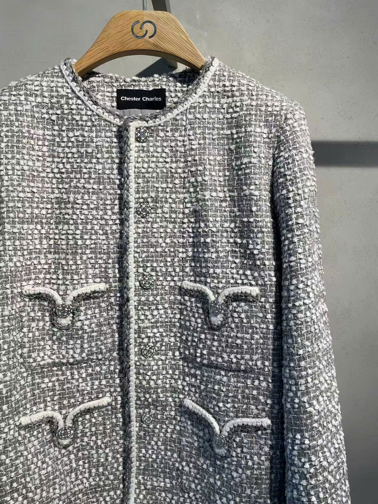  Áo tweed xám trắng 4 túi V 