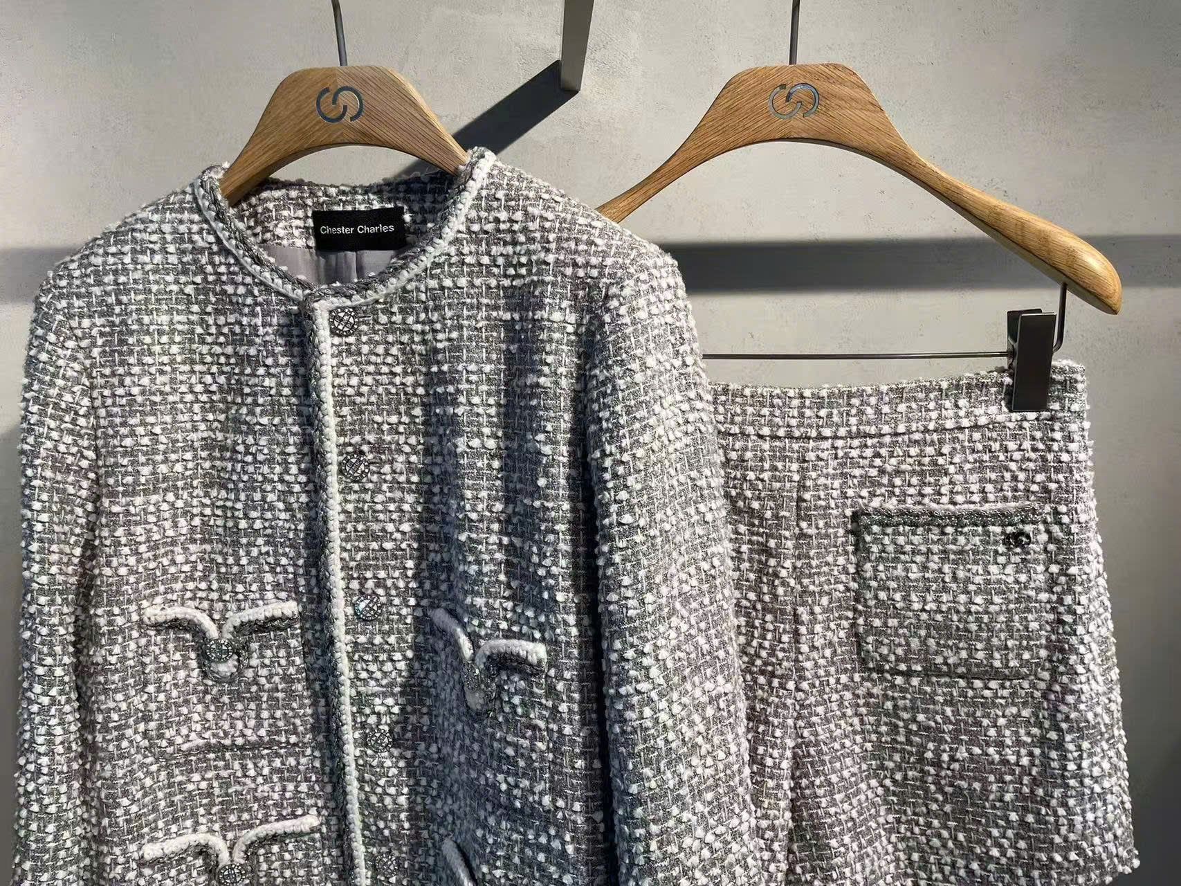  Bộ Áo tweed 4 túi V và Quần short dạ tweed xám trắng set 