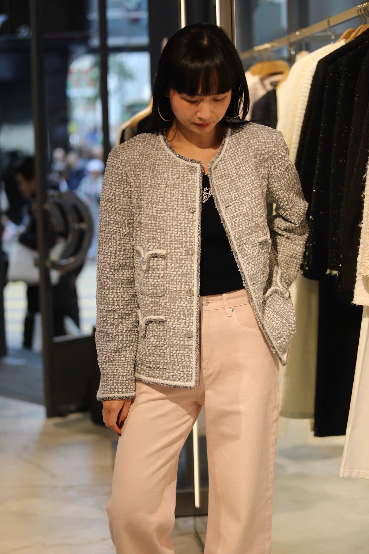  Áo tweed xám trắng 4 túi V 