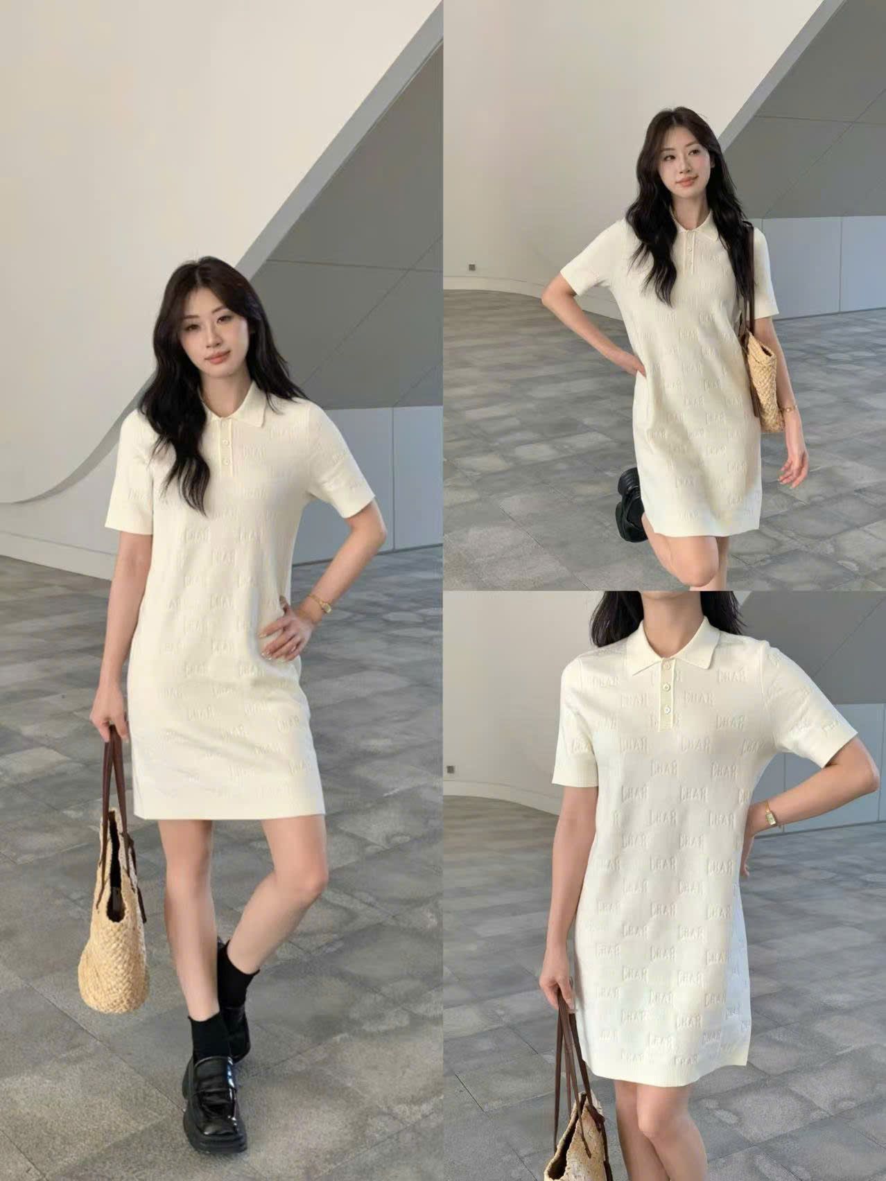  Váy trắng liền , cổ polo full logo chữ 