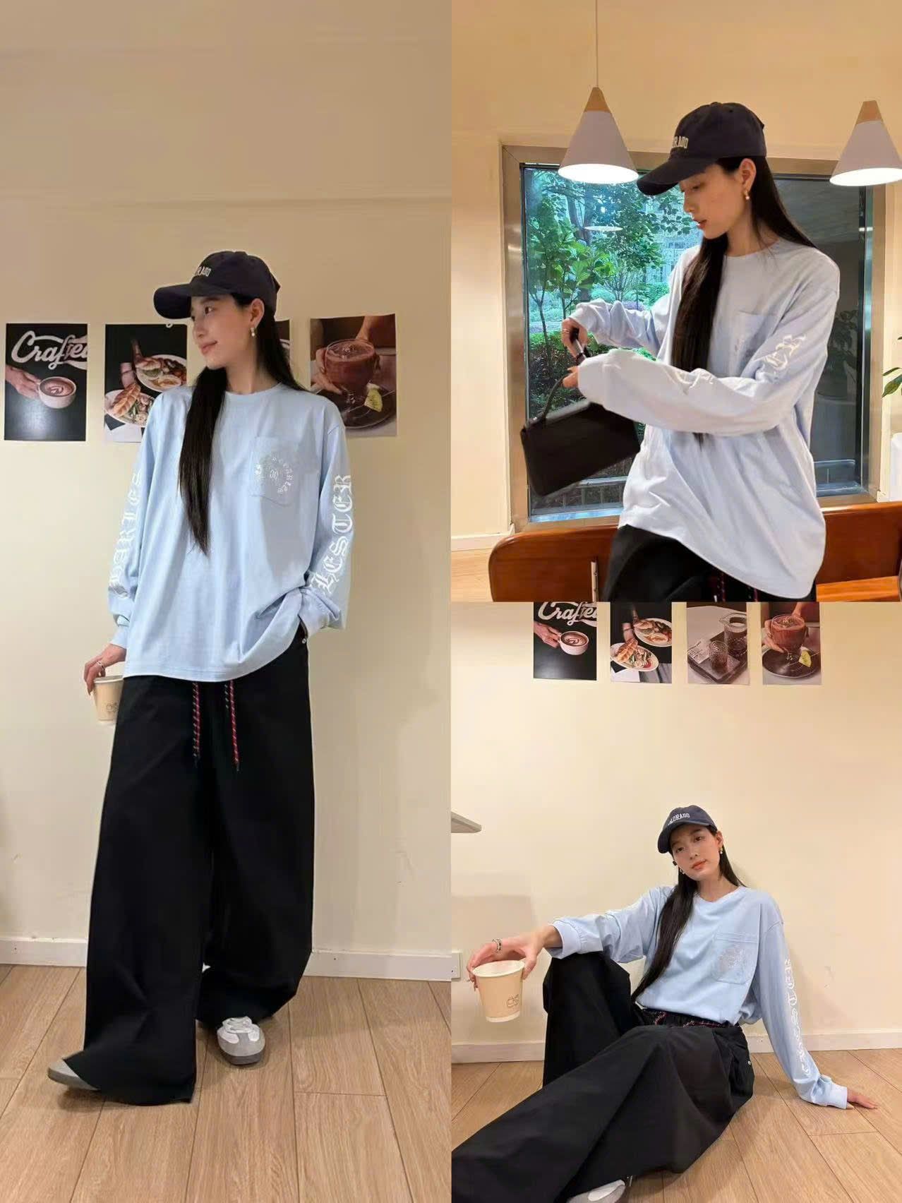  Áo thun xanh da trời dài tay , túi ngực chữ logo 