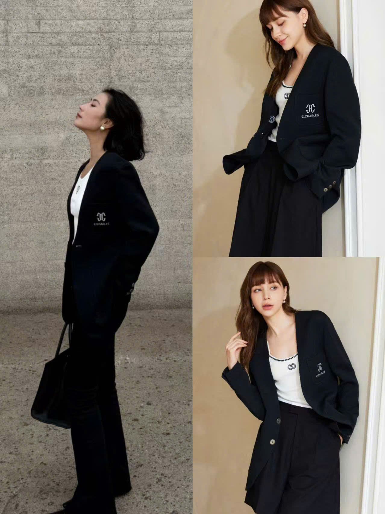  Vest đen 2 cúc chữ lồng CC túi ngực 