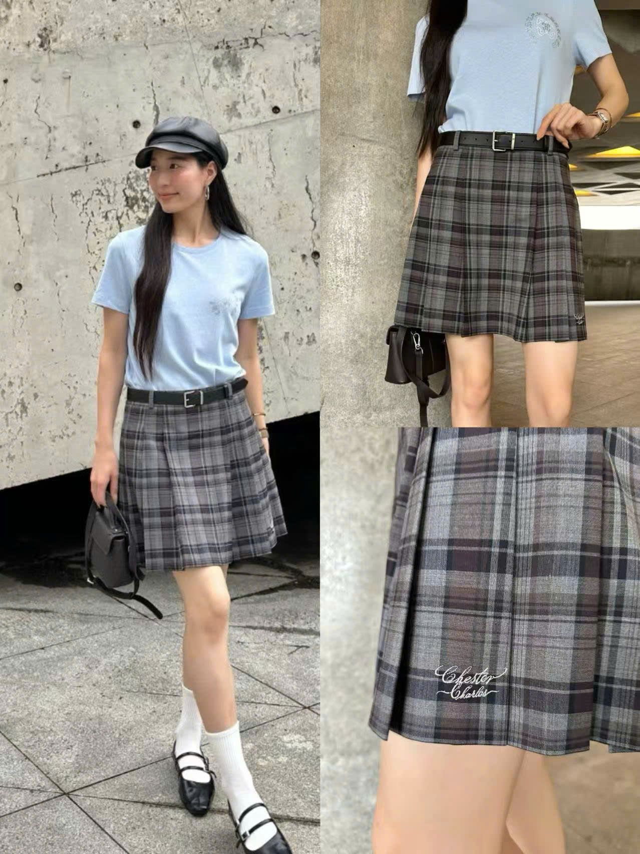  Chân váy ngắn kẻ tím xám, kèm Belt da 