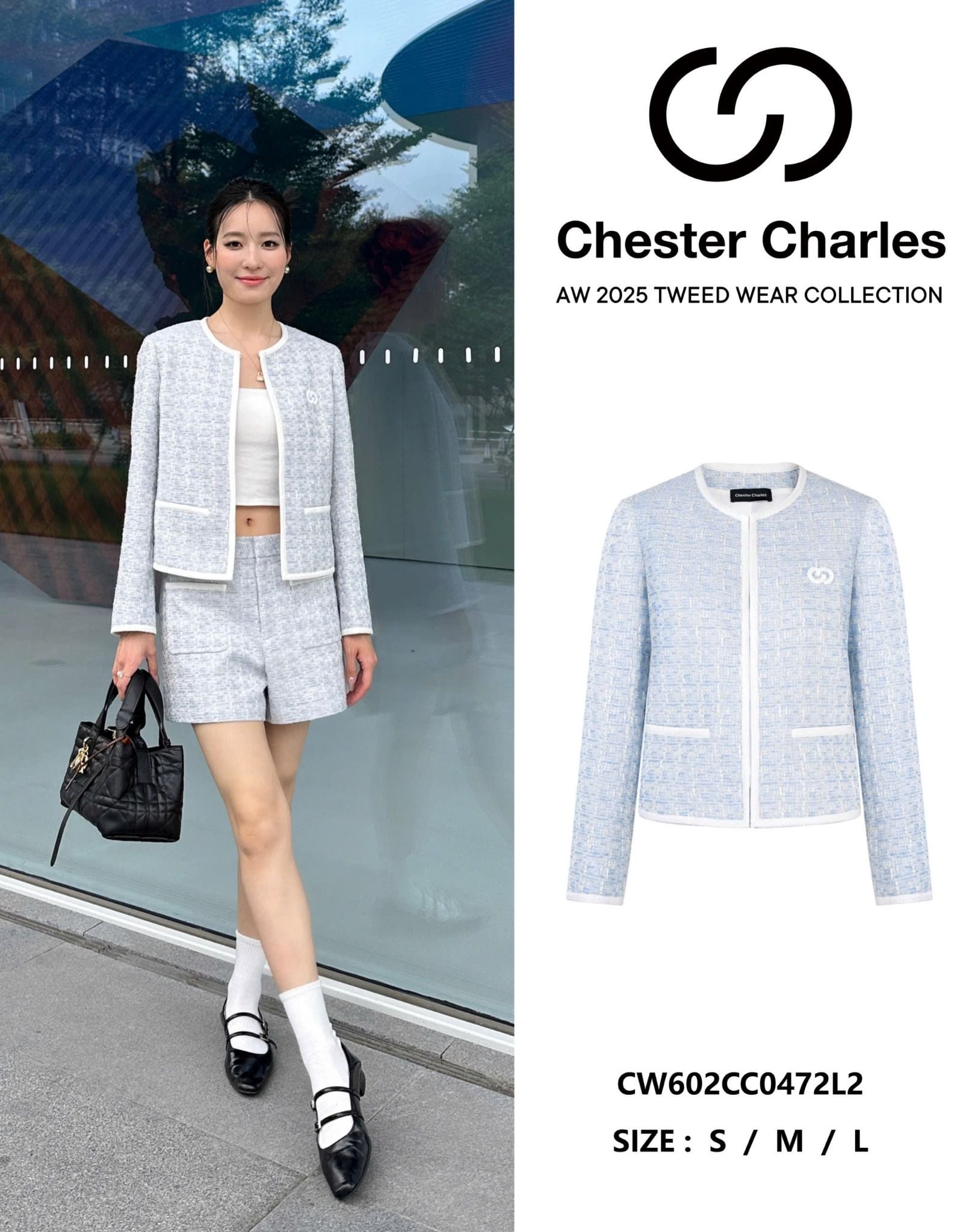  Áo tweed xám xanh viền trắng , logo 1 bên 