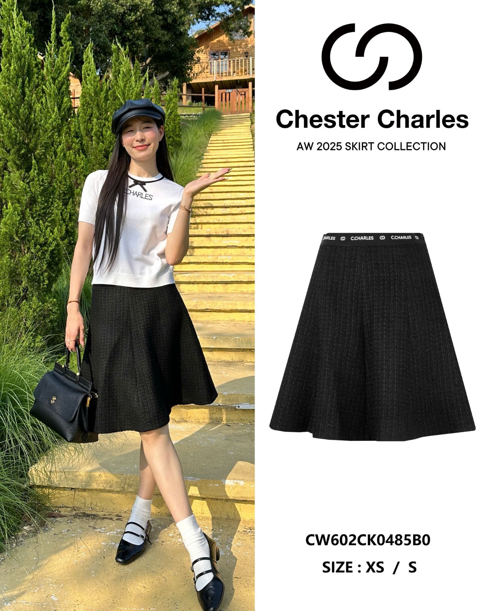  Chân váy xòe ngắn đen, cạp thun logo chữ chạy 
