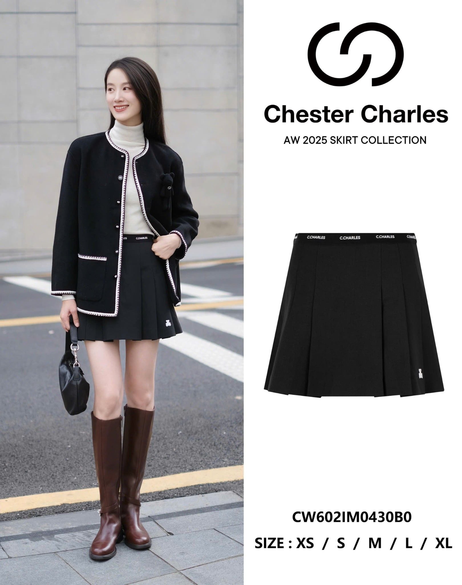  6.Chân váy ngắn xếp ly đen, gấu trắng, cạp chữ chạy 