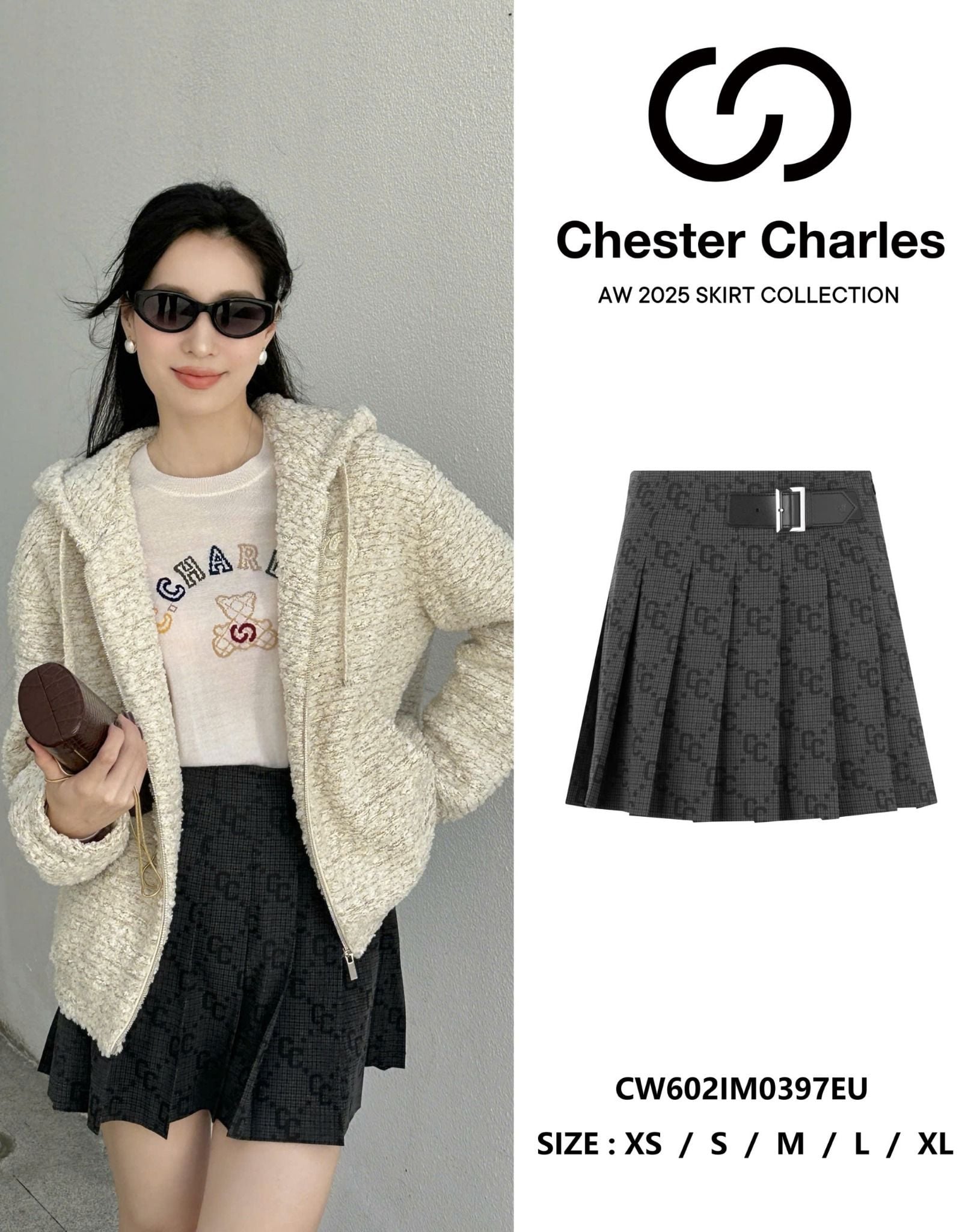  Chân váy ngắn kèm belt họa tiết thoi CC 