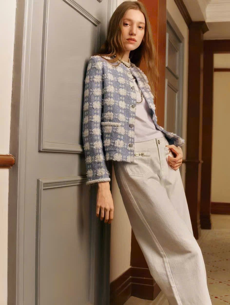  Áo tweed xanh hoa trắng 