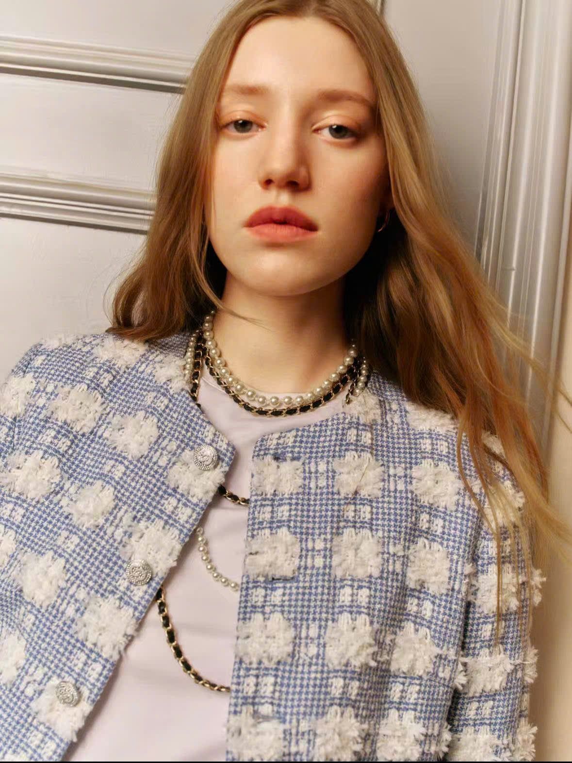  Áo tweed xanh hoa trắng 