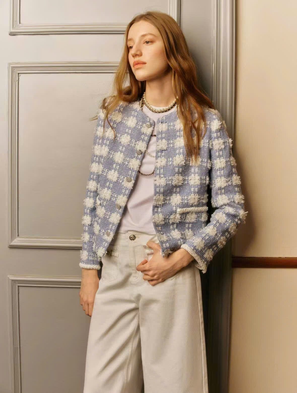  Áo tweed xanh hoa trắng 