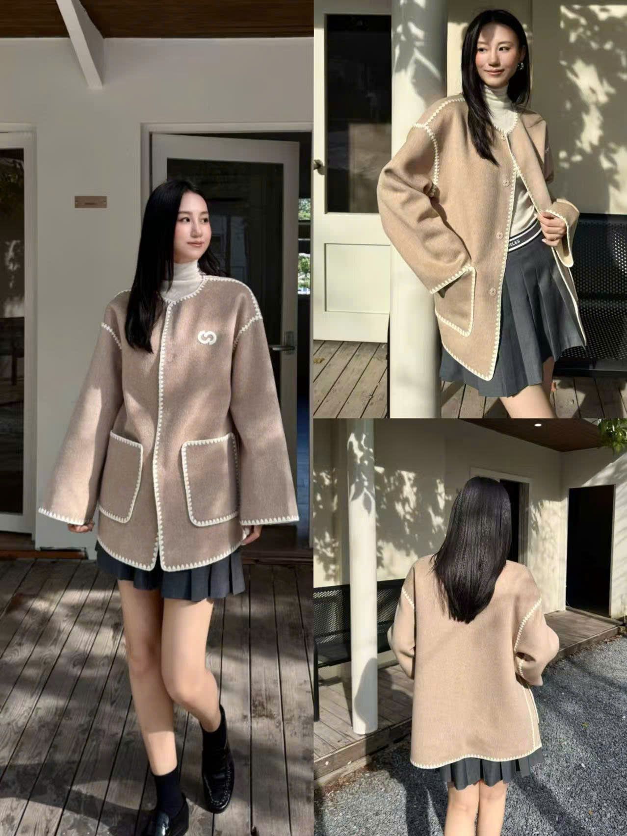  Áo khoác dạ ép màu NUDE viền trắng 