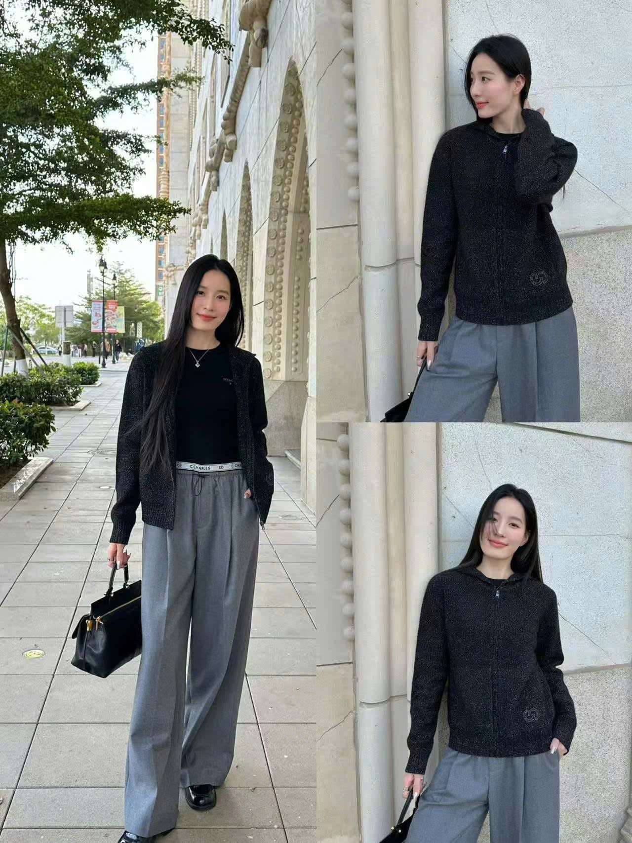  Áo khoác kéo khóa đen ánh kim,túi logo 