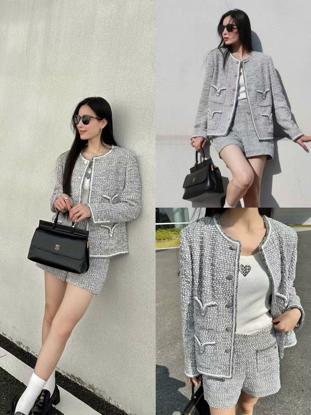  Áo tweed xám trắng 4 túi V 