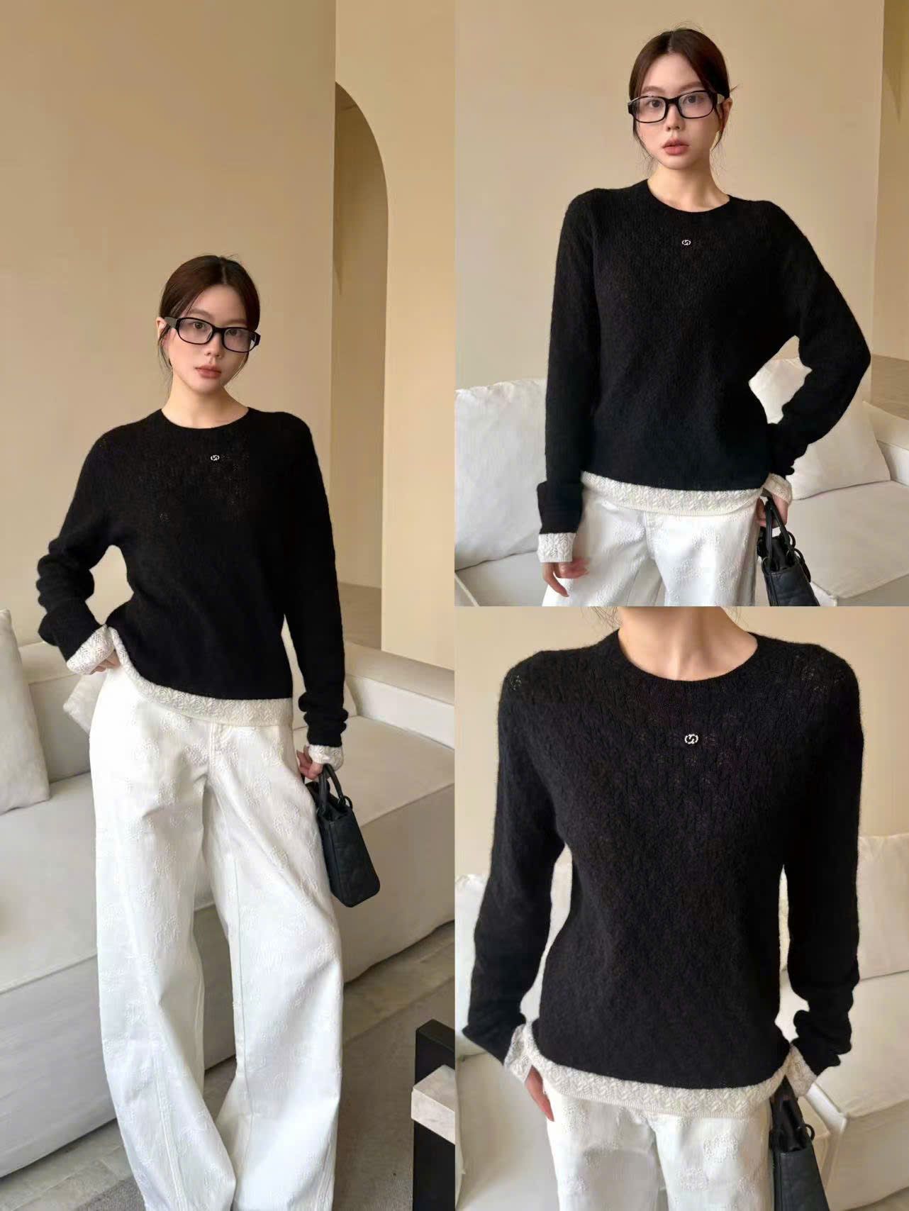  Áo đen dài tay mỏng ren viền gấu trắng 