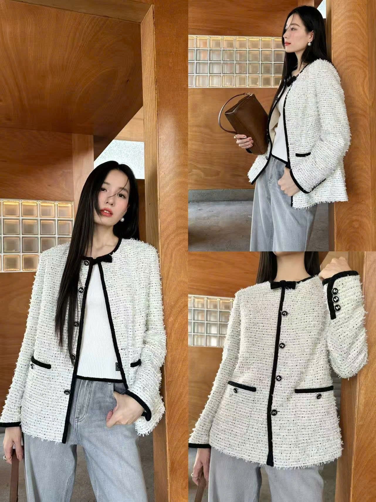  Áo tweed trắng dài viền đen 2 túi - đính nơ cổ 