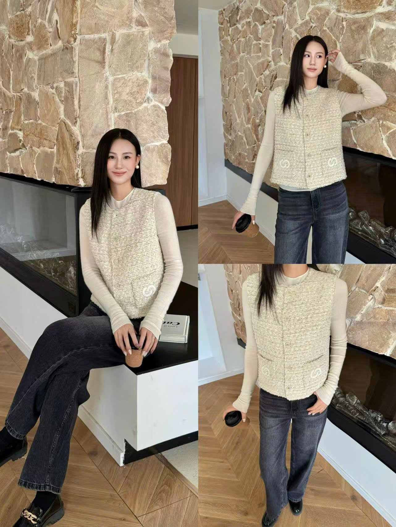  Áo Gile tweed Be kem-2 túi Logo 