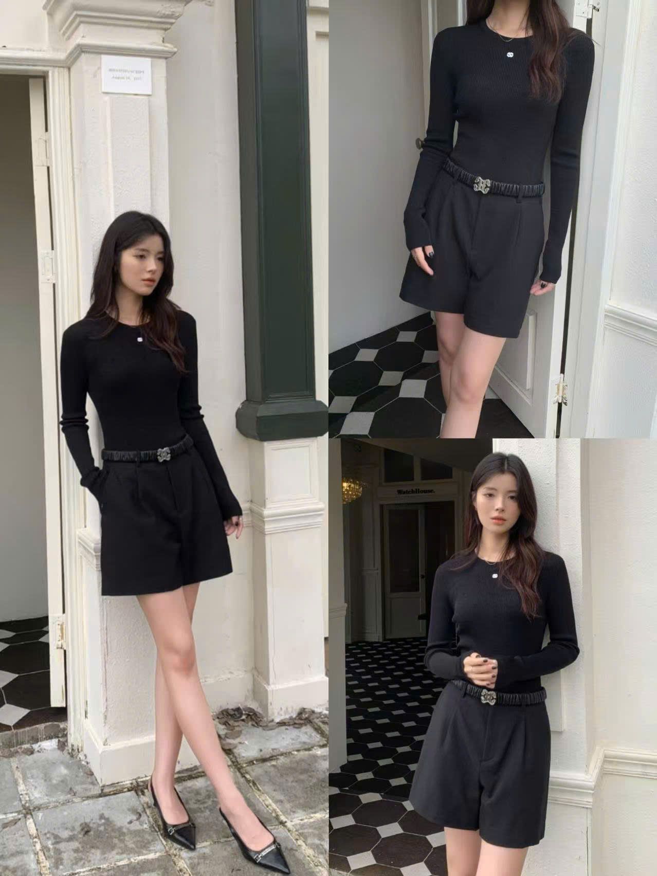  Áo len Đen cao cổ- tay áo logo da 