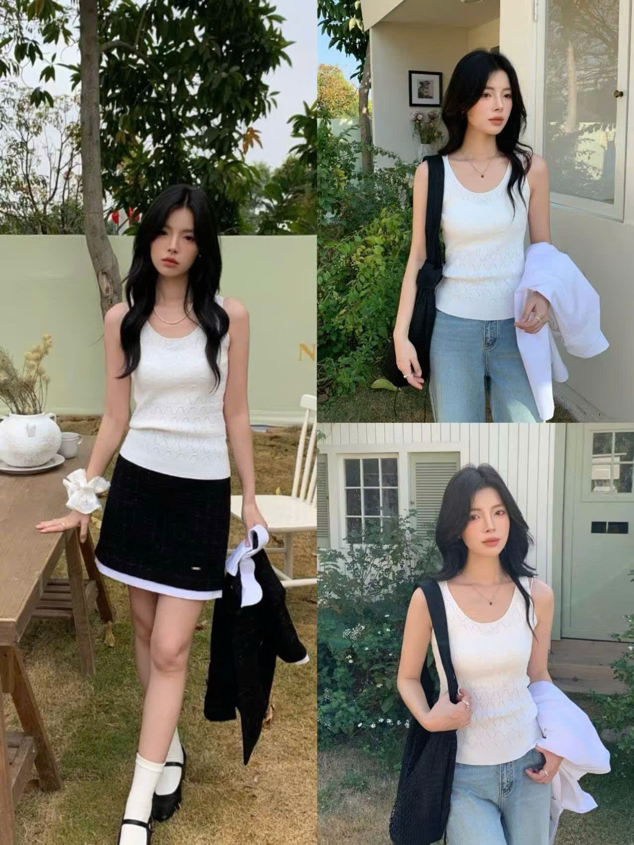  Áo tanktop trắng -họa tiết hình thoi 