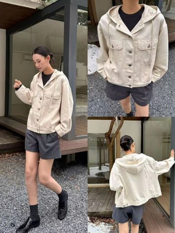  5.Áo Khoác Jean trắng mũ liền lót full logo 