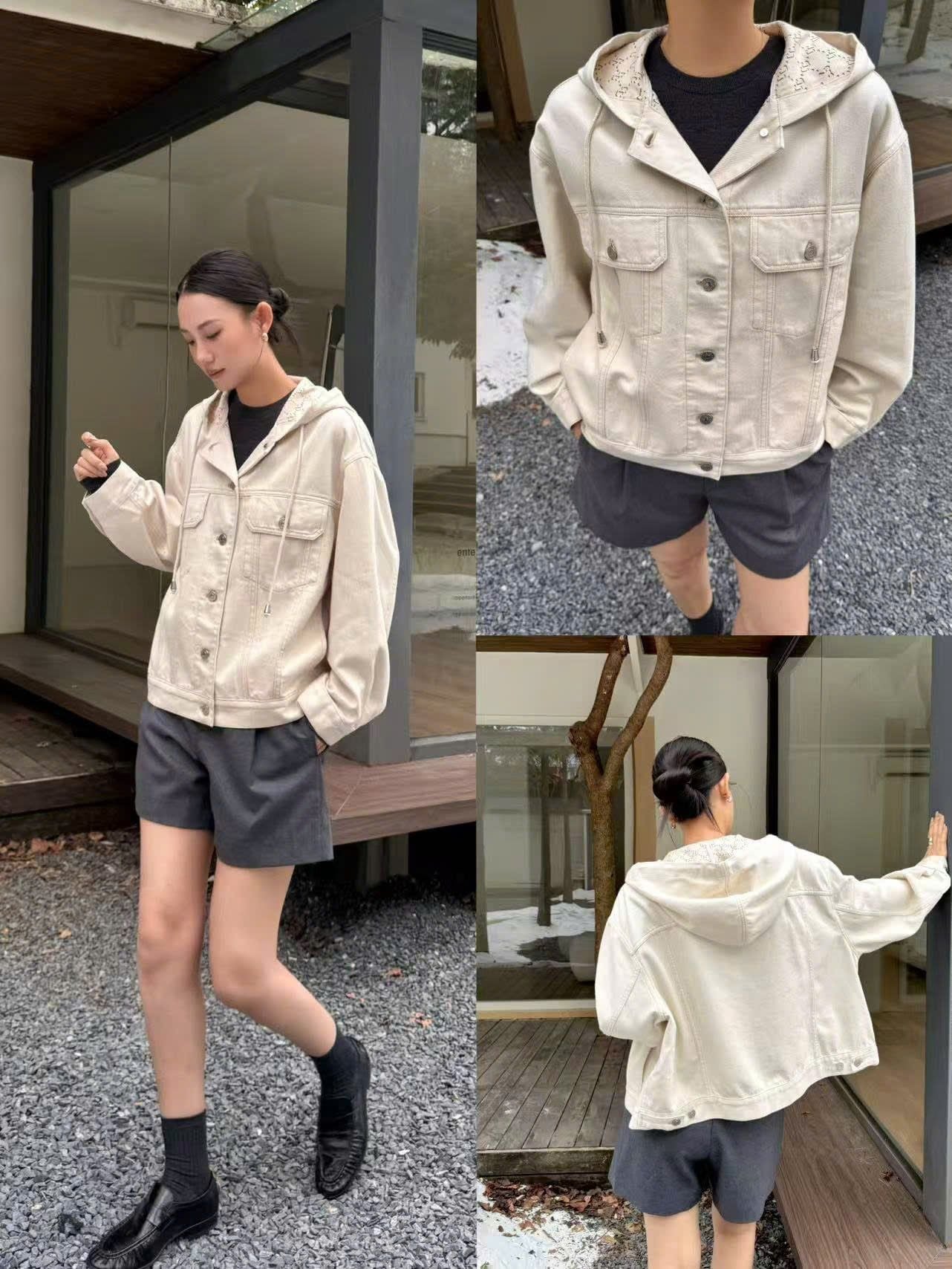  5.Áo Khoác Jean trắng mũ liền lót full logo 