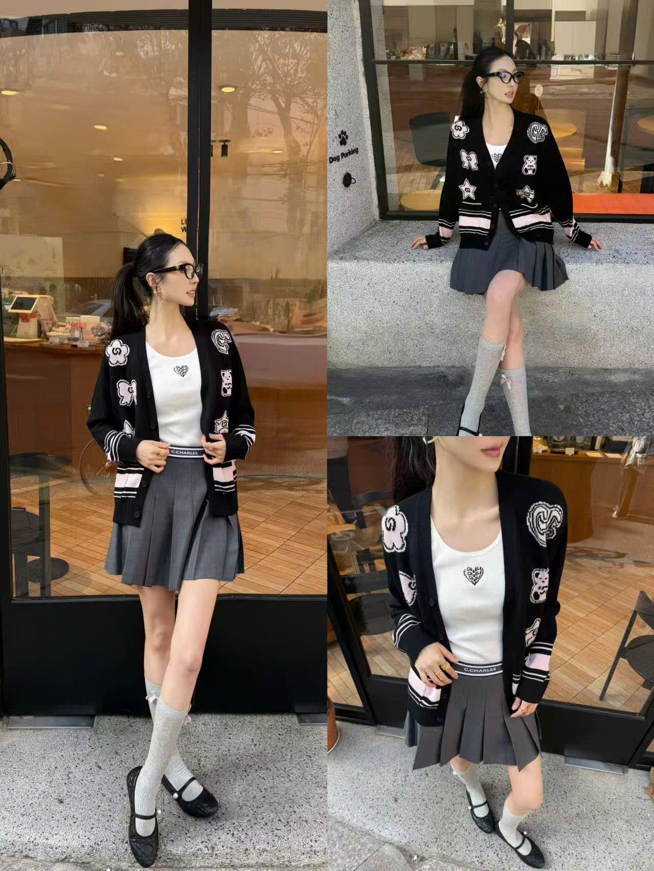  Áo CDG đen cổ V logo thêu nổi 