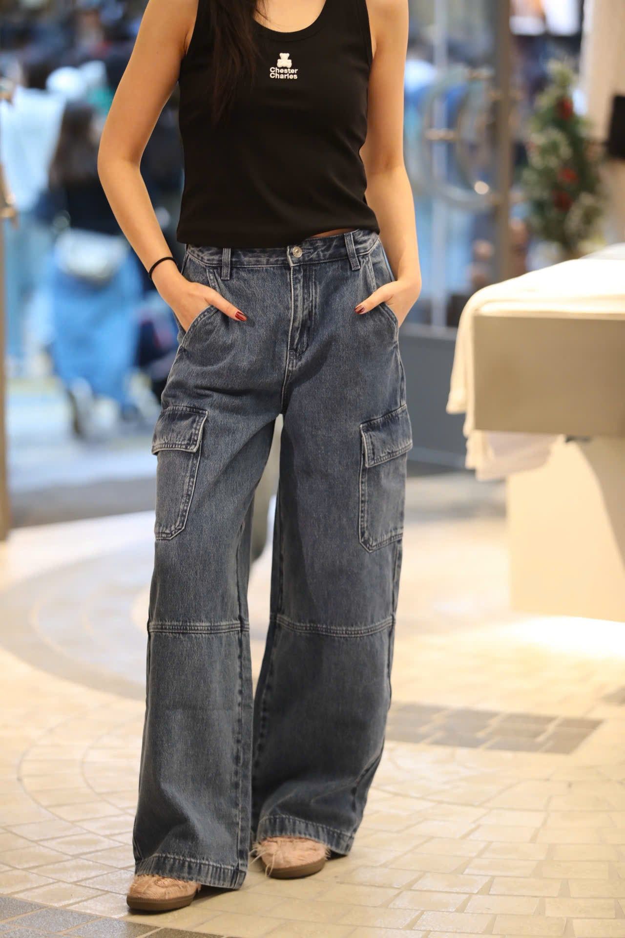  Quần jean túi hộp xanh đậm 