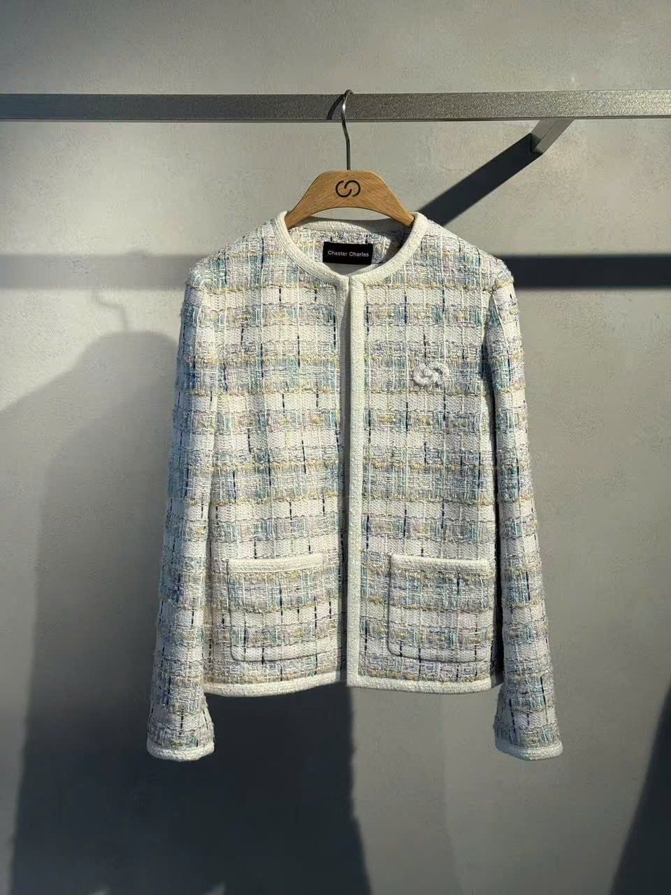  Áo tweed kẻ xanh vàng viền trắng 