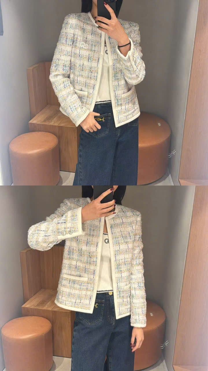  Áo tweed kẻ xanh vàng viền trắng 