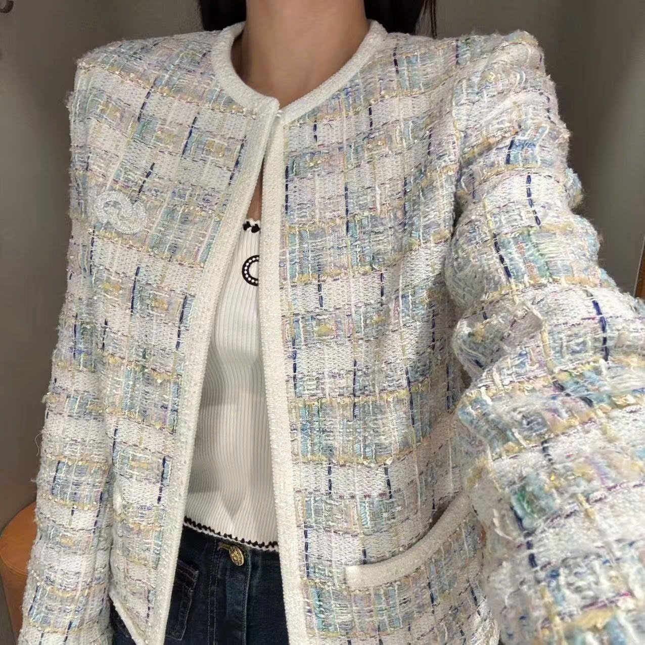  Áo tweed kẻ xanh vàng viền trắng 