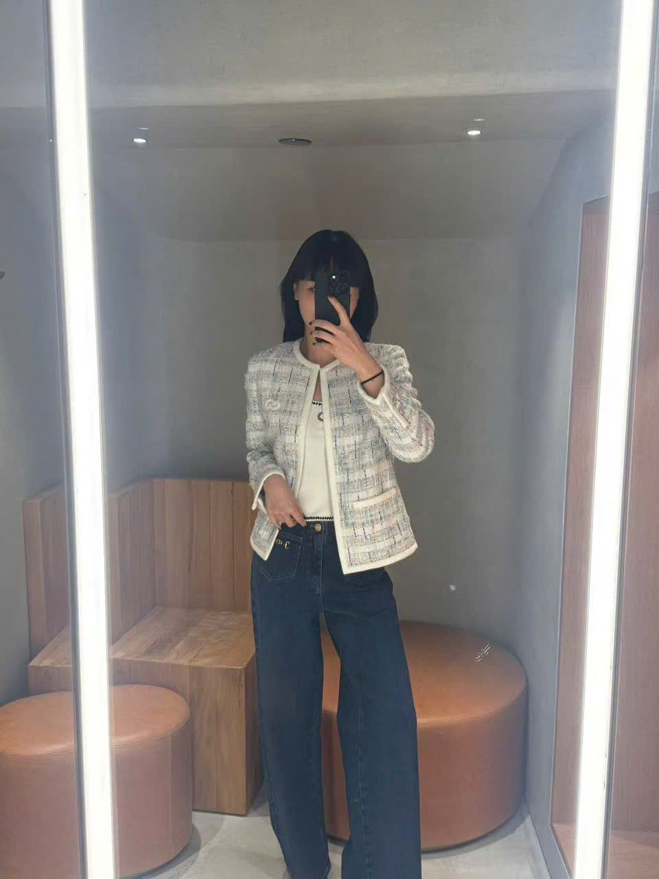  Áo tweed kẻ xanh vàng viền trắng 