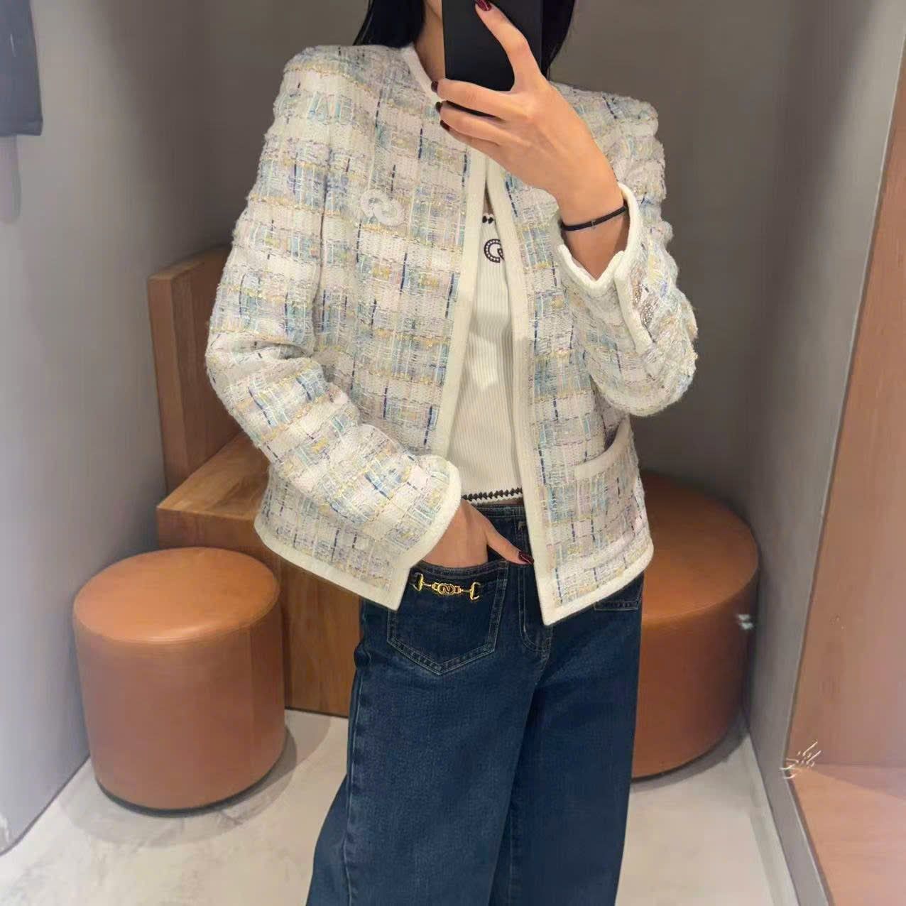  Áo tweed kẻ xanh vàng viền trắng 