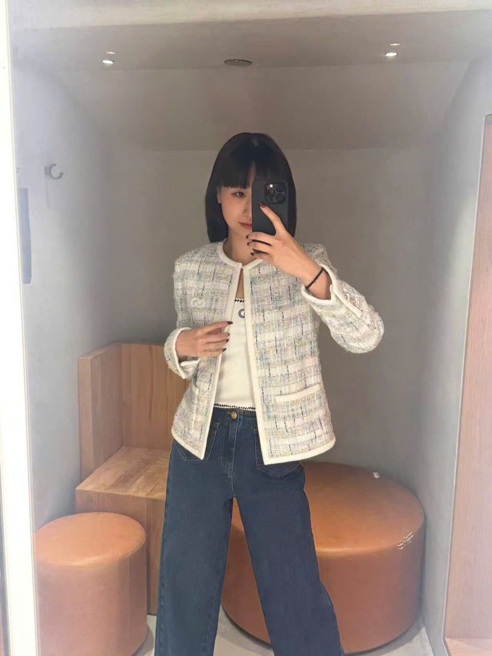  Áo tweed kẻ xanh vàng viền trắng 