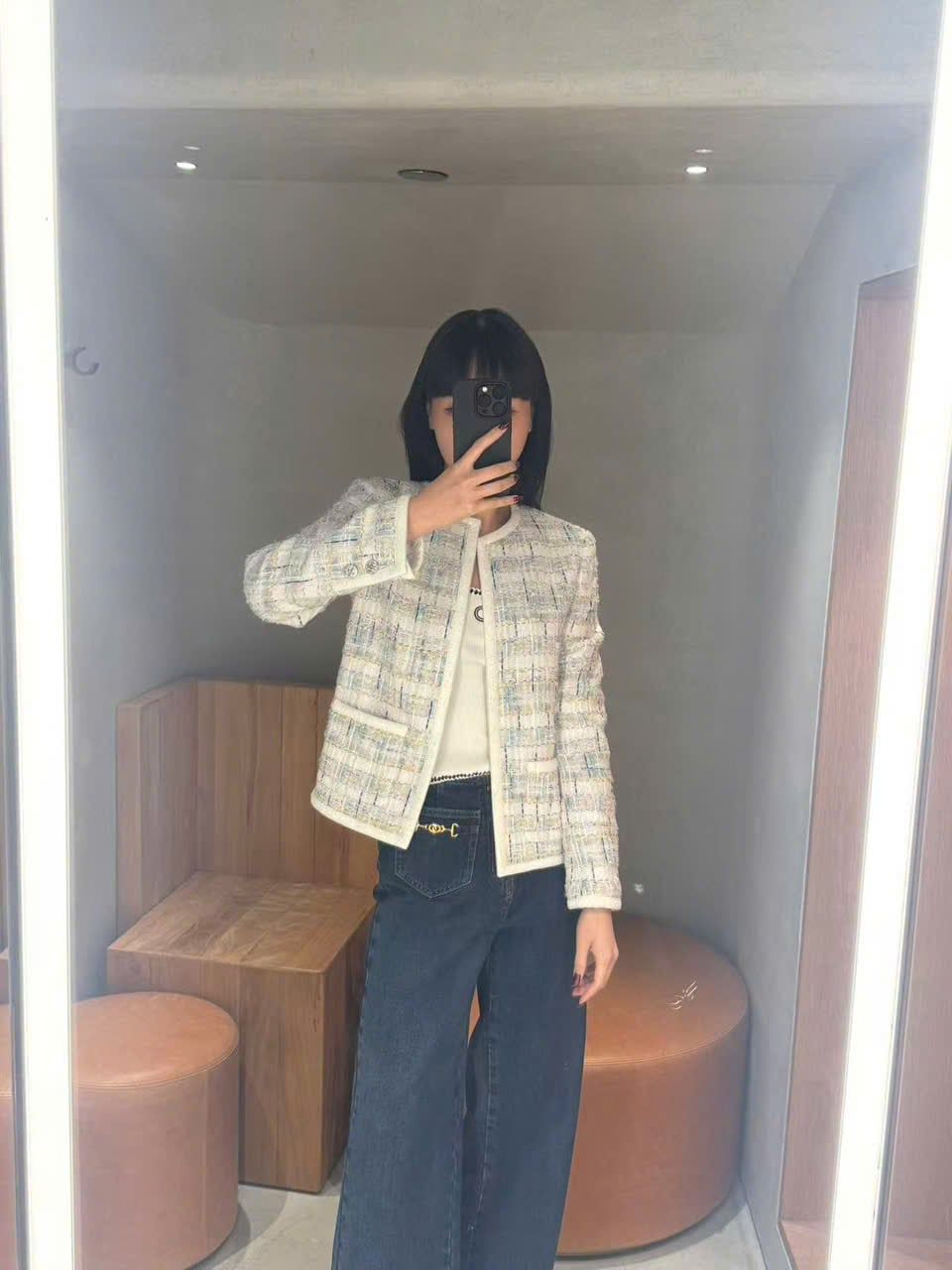  Áo tweed kẻ xanh vàng viền trắng 