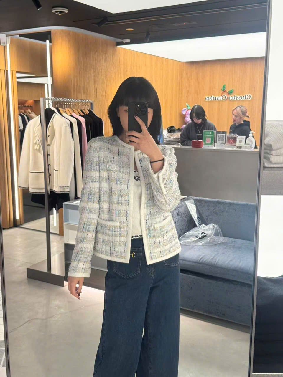  Áo tweed kẻ xanh vàng viền trắng 