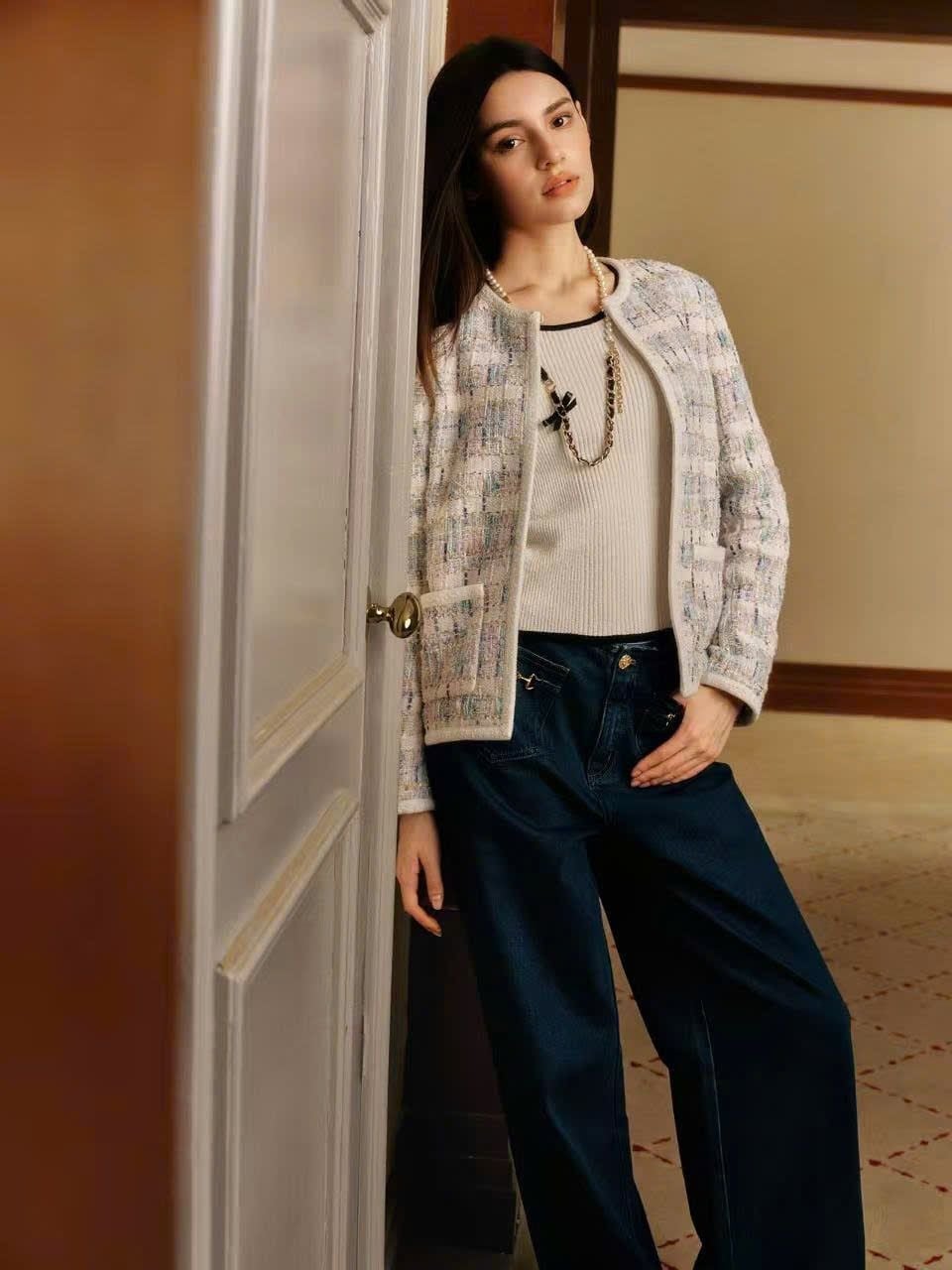  Áo tweed kẻ xanh vàng viền trắng 