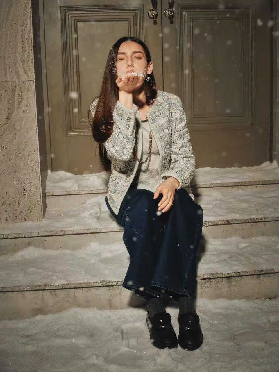  Áo tweed kẻ xanh vàng viền trắng 