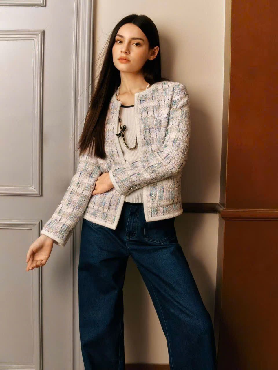  Áo tweed kẻ xanh vàng viền trắng 