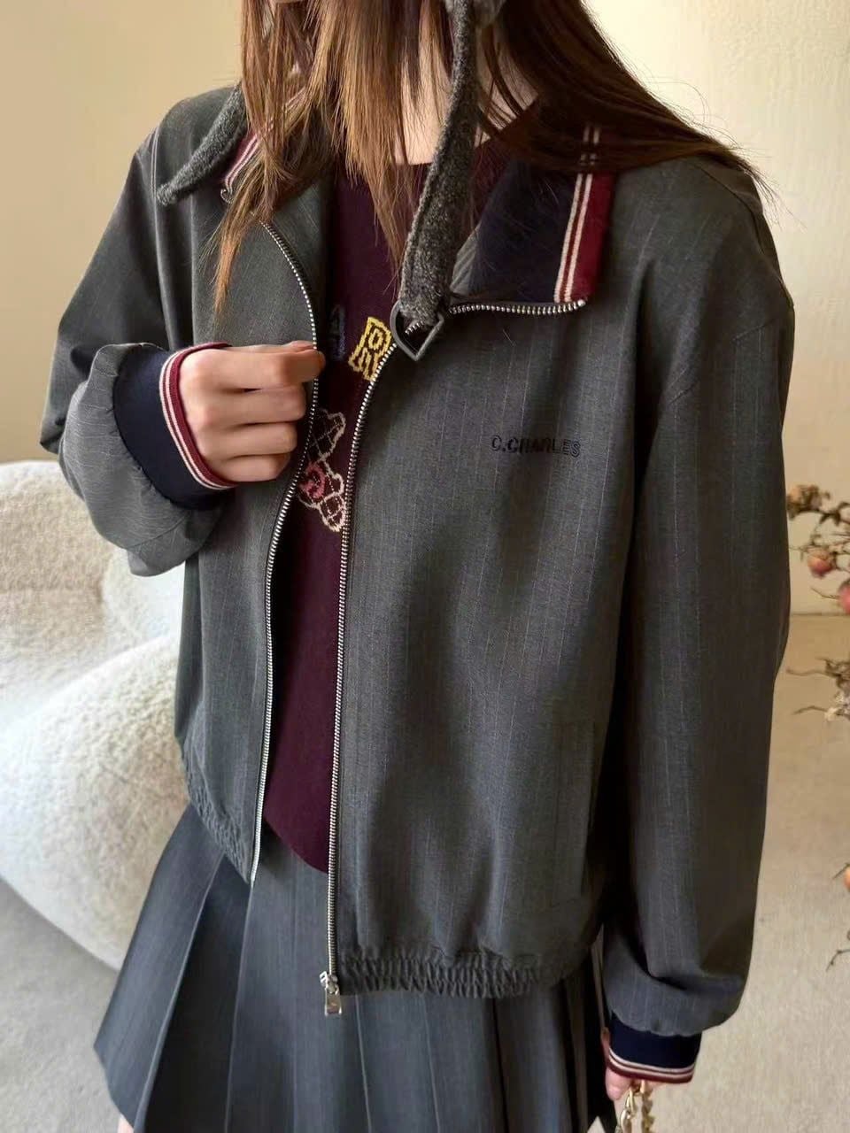  2.Chân váy ngắn xám kẻ chun đen(SET) 