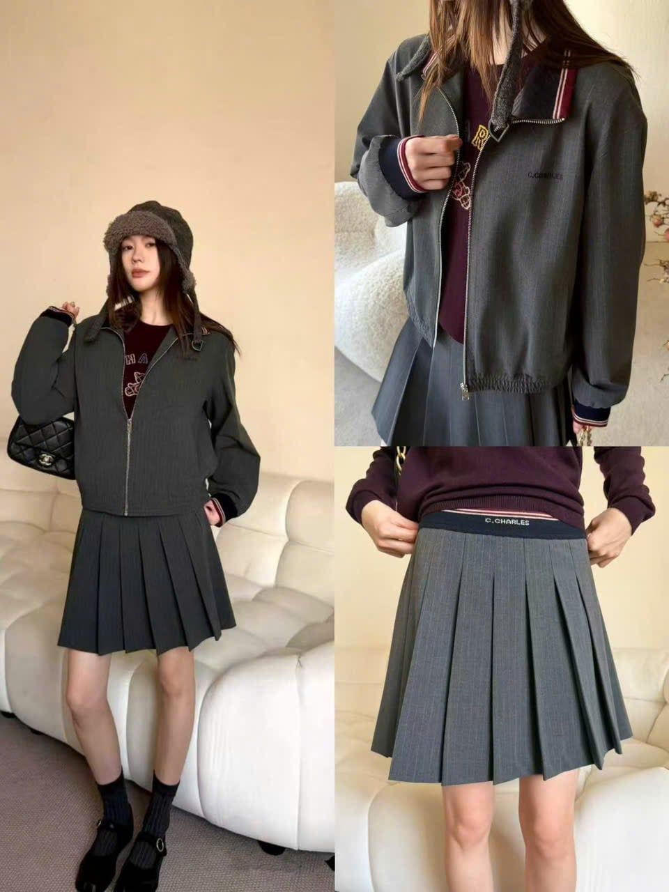  2.Chân váy ngắn xám kẻ chun đen(SET) 