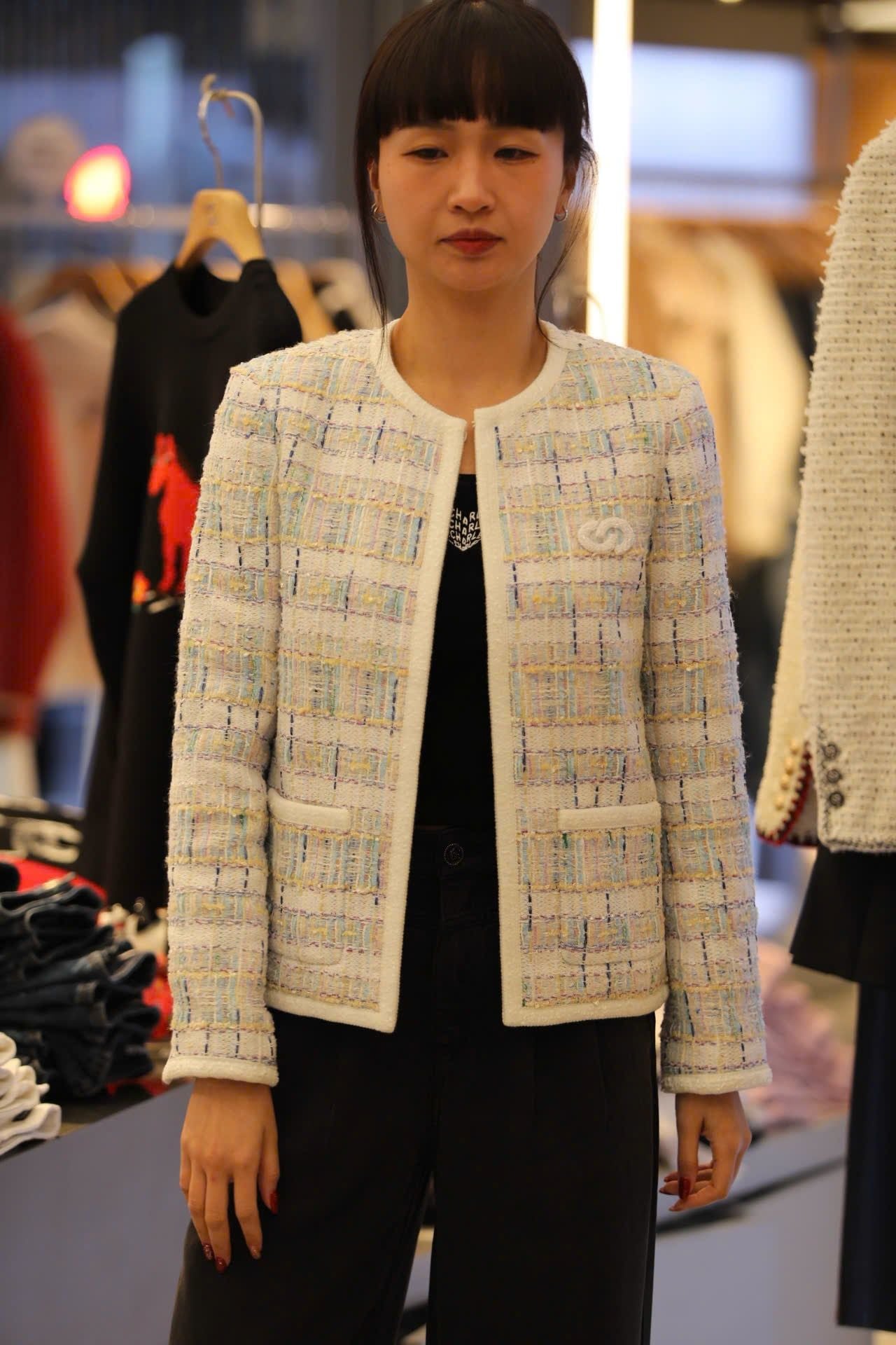  Áo tweed kẻ xanh vàng viền trắng 