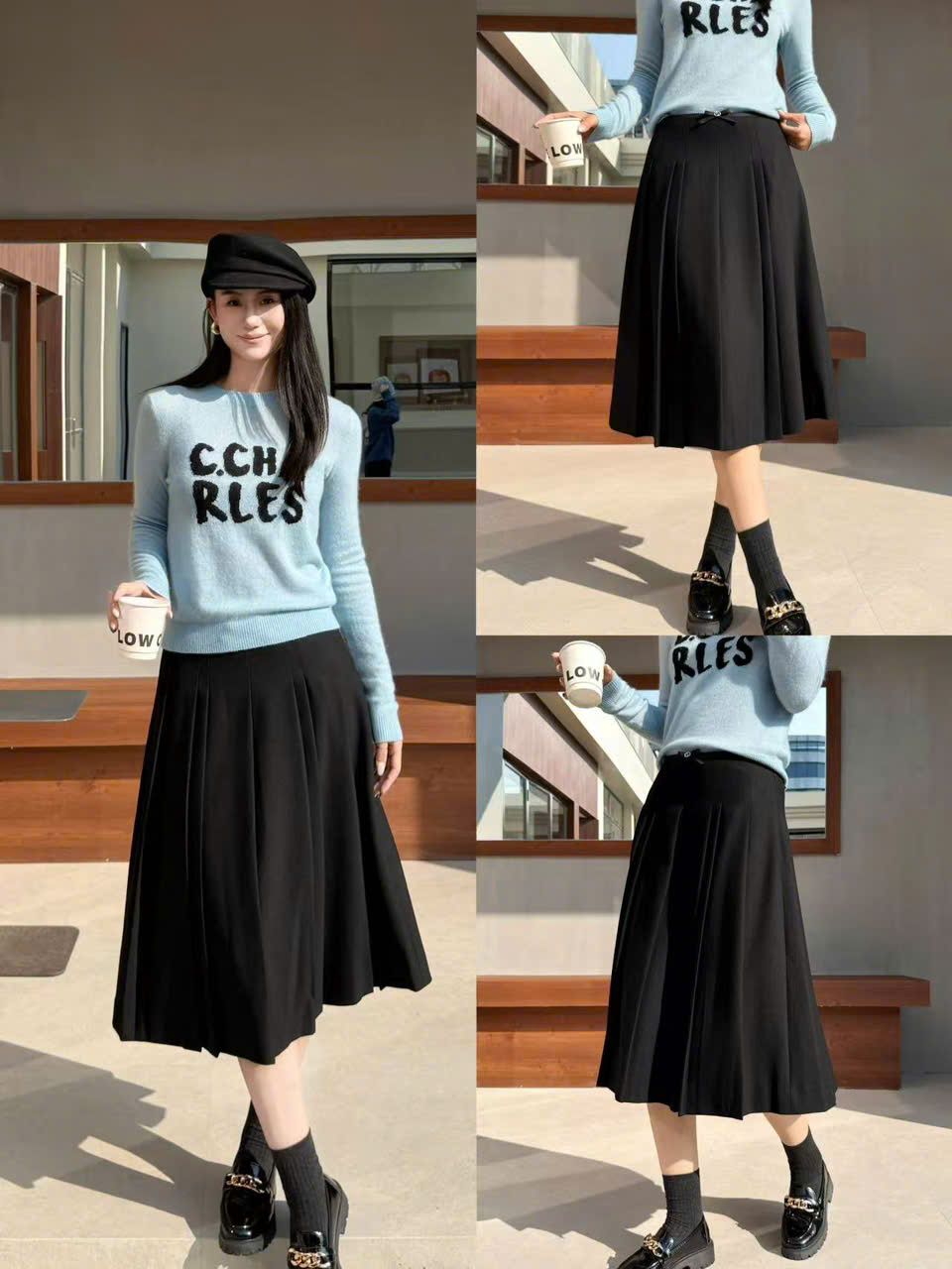  Áo len xanh ngọc chữ đen ngực 