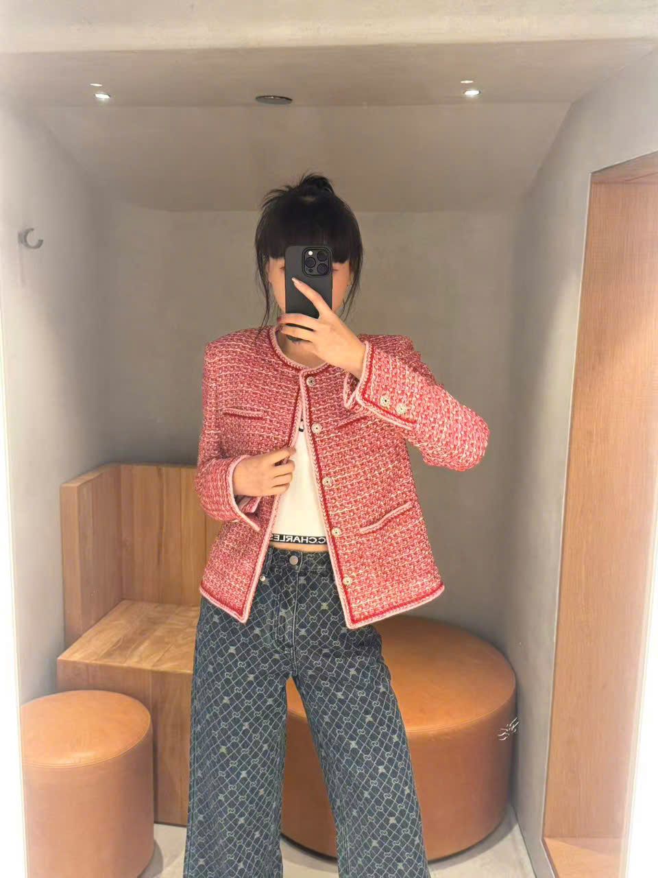  Áo tweed đỏ cam viền trắng 