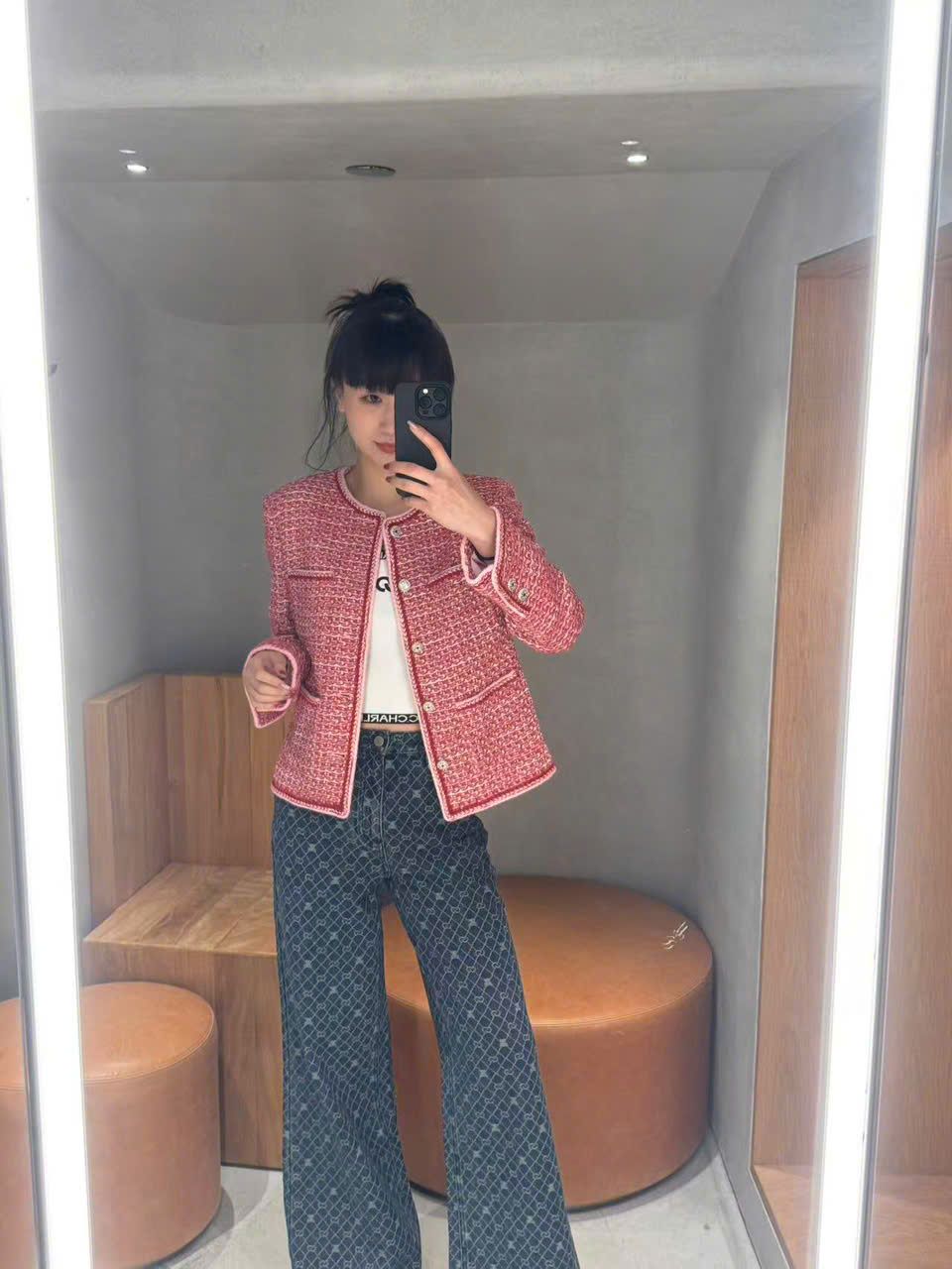  Áo tweed đỏ cam viền trắng 