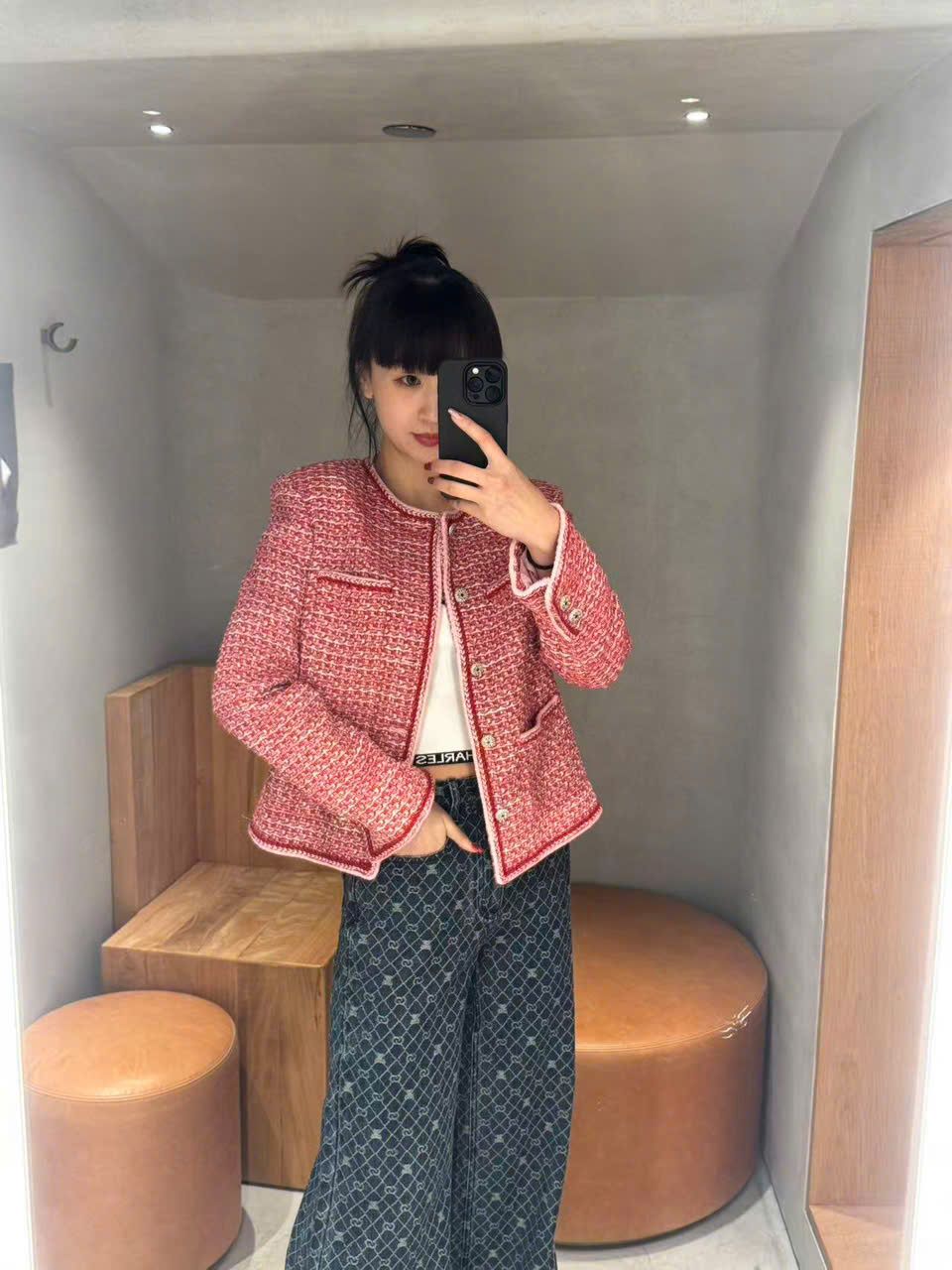  Áo tweed đỏ cam viền trắng 