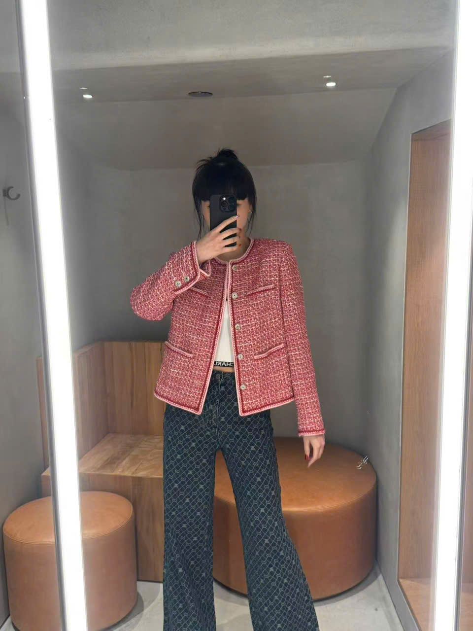  Áo tweed đỏ cam viền trắng 
