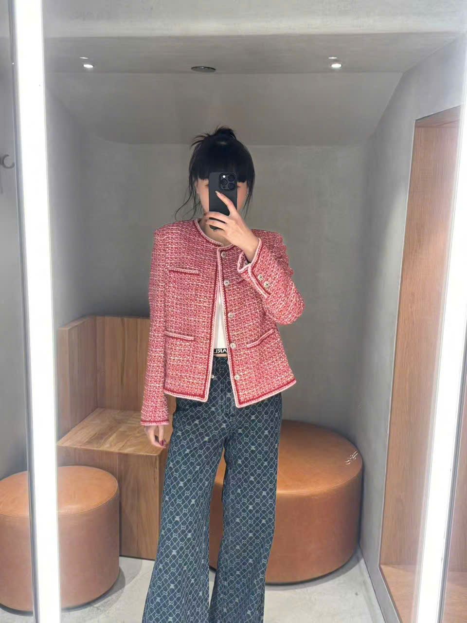  Áo tweed đỏ cam viền trắng 