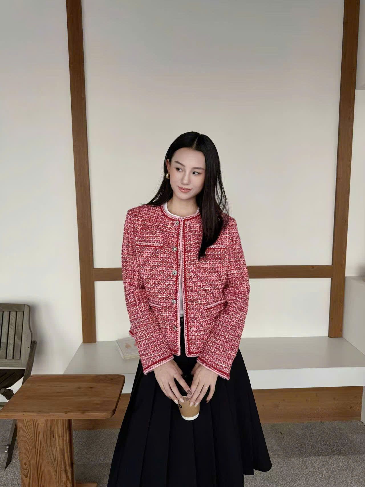  Áo tweed đỏ cam viền trắng 