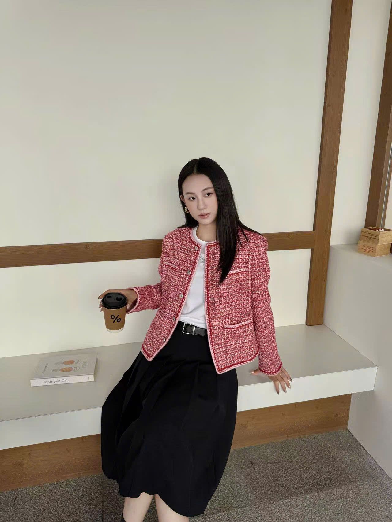  Áo tweed đỏ cam viền trắng 