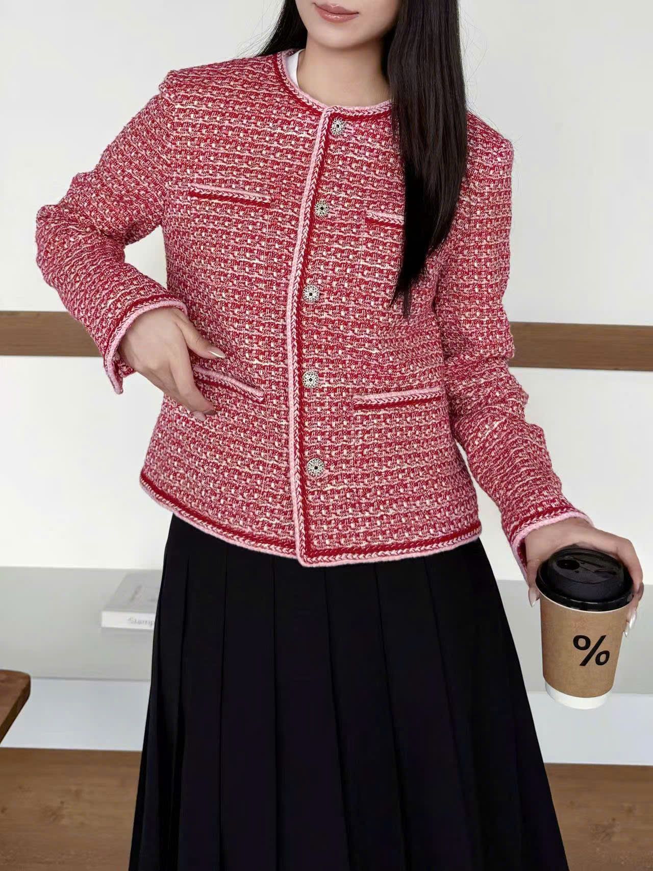  Áo tweed đỏ cam viền trắng 